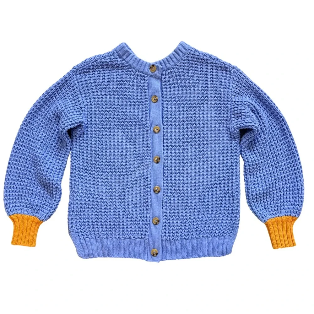 POPSUGAR Waffle Knit Cardigan Sweater Blue Mustard Yellow Cuffs Womens Medium